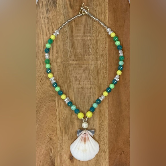 Seashell beaded pearl beach necklace nantucket yellow blue surfer girl toggle - Picture 2 of 14